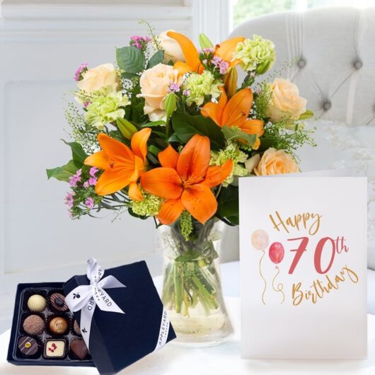 Coral Garden, 9 Luxury Chocolates & 70th Birthday Card