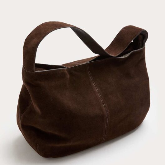 Autograph Suede Zip Slouchy Shoulder Bag Dark Chocolate