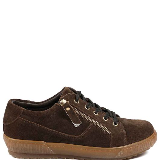 Jones Bootmaker Wide Fit Leather Metallic Side Zip Trainers Chocolate