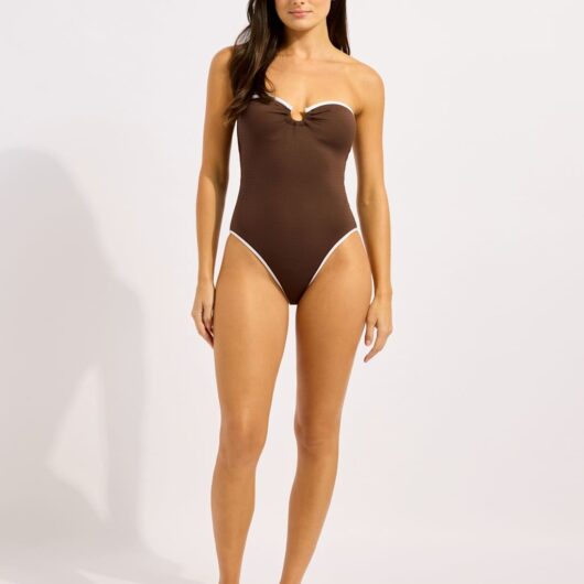 Seafolly Textured Ring Detail Bandeau Swimsuit Chocolate