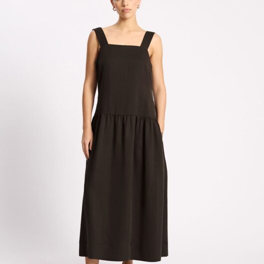 Albaray Lyocell Rich Square Neck Maxi Waisted Dress Chocolate
