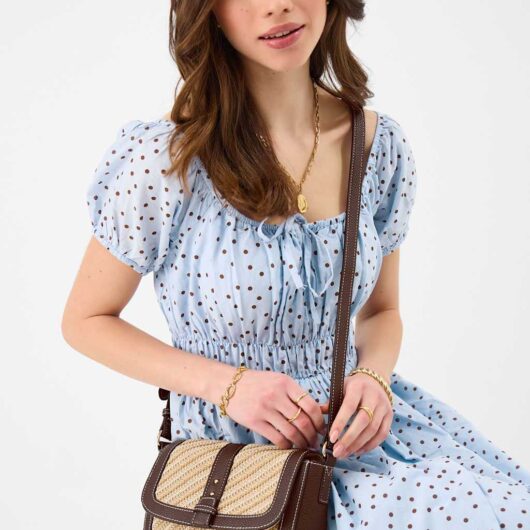 ACCESSORIZE Woven Textured Contrast Trim Cross Body Bag Chocolate