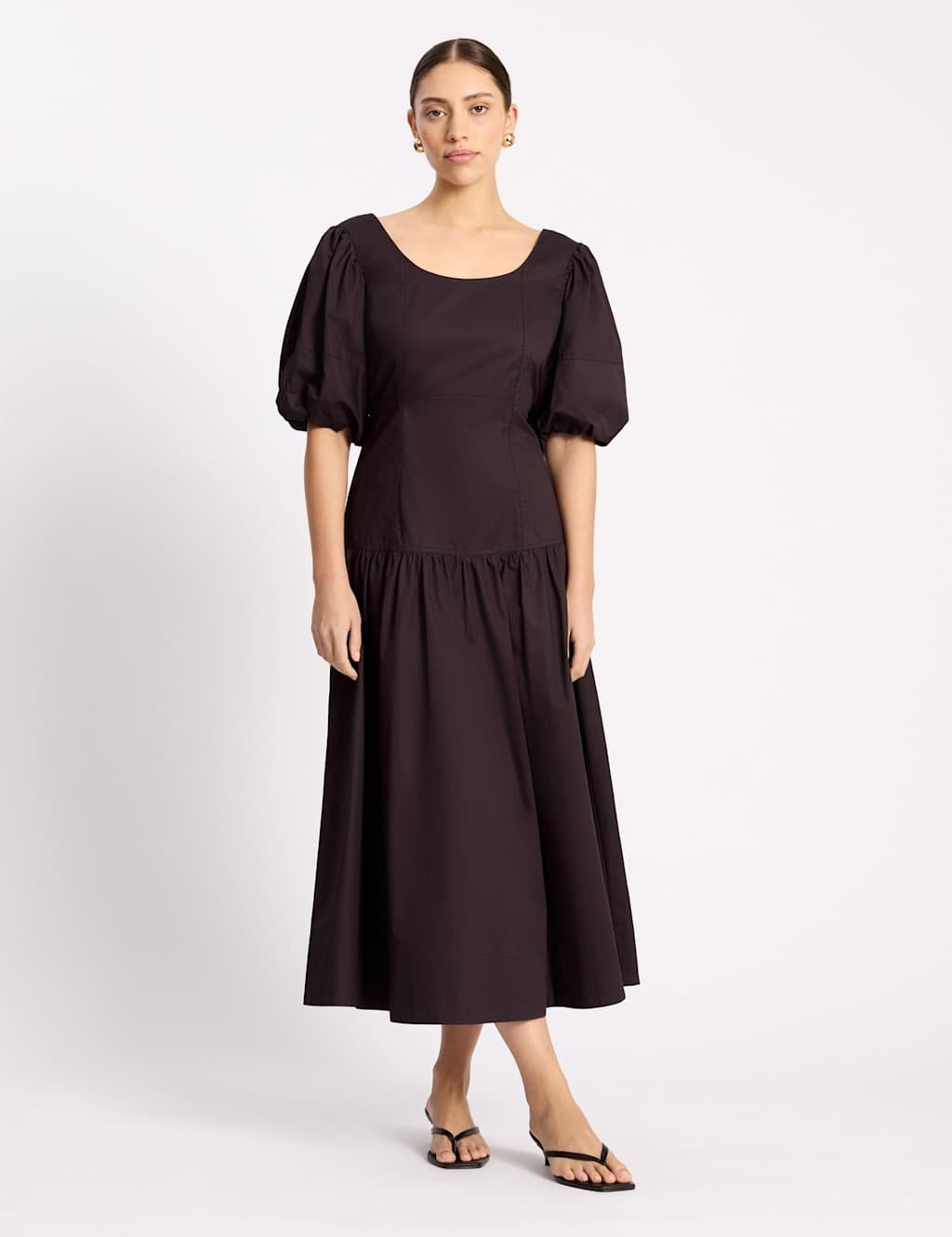Albaray Pure Cotton Sateen Puff Sleeve Neck Midi Dress Chocolate