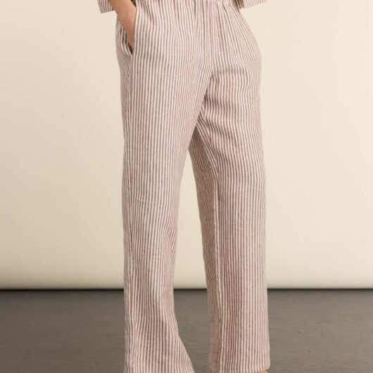BAUKJEN Pure Linen Striped Wide Leg Trousers Chocolate