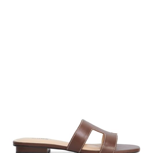 Dune London Leather Cutout Block Heel Sliders Chocolate