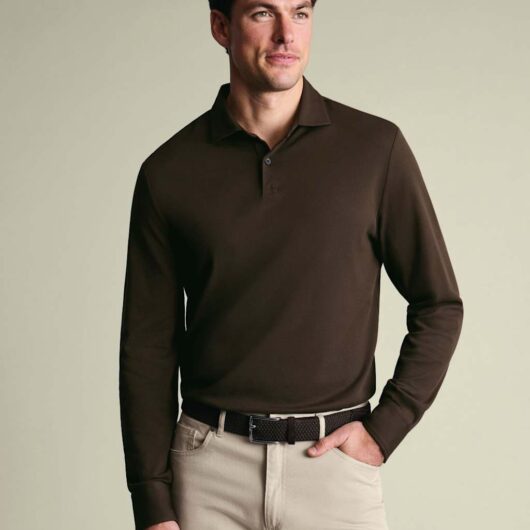 Charles Tyrwhitt Cotton Rich Pique Long Sleeve Polo Shirt Chocolate