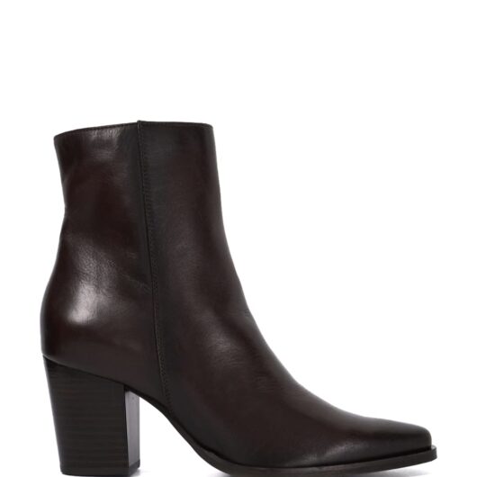 Dune London Leather Block Heel Pointed Ankle Boots Chocolate