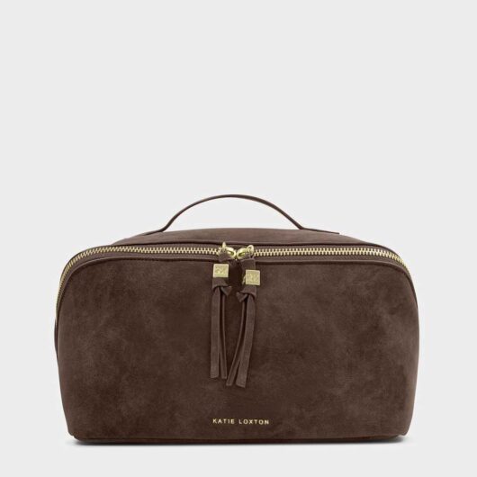 Katie Loxton Faux Suede Large Flat Lay Toiletry Bag Chocolate