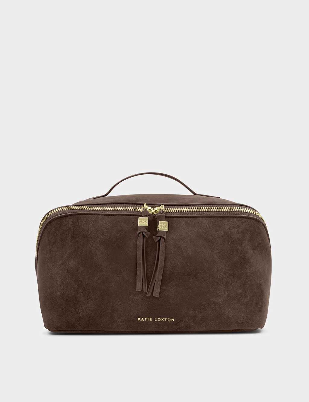 Katie Loxton Faux Suede Large Flat Lay Toiletry Bag Chocolate