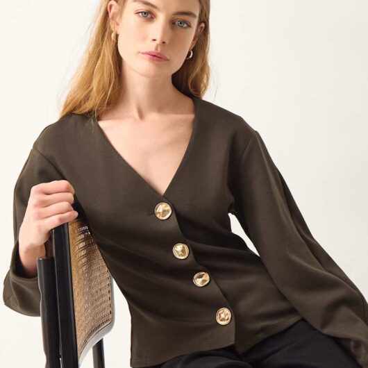 Monsoon Jersey V-Neck Button Detail Top Chocolate