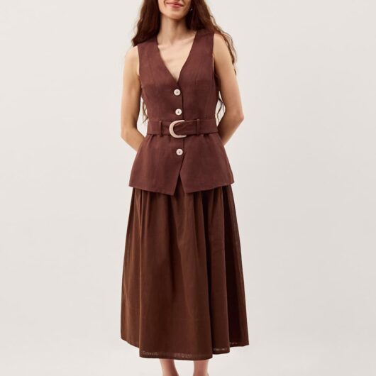 Monsoon Linen Blend V-Neck Midi Waisted Dress Chocolate