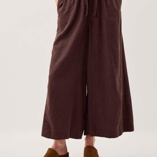 Monsoon Linen Rich Wide Leg Cropped Trousers Chocolate