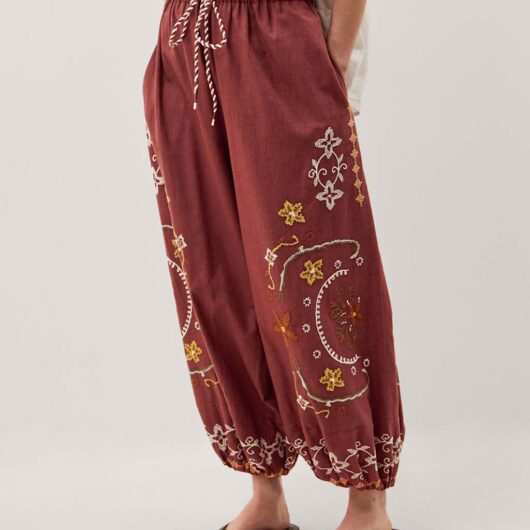 Monsoon Pure Cotton Embroidered Wide Leg Trousers Chocolate