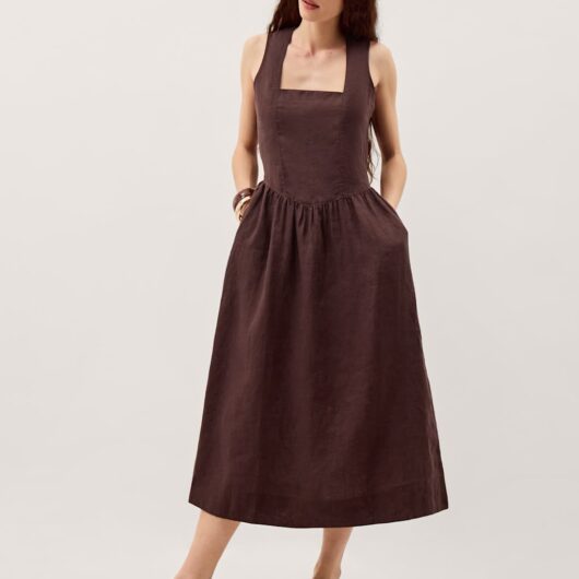 Monsoon Pure Linen Square Neck Midi Waisted Dress Chocolate